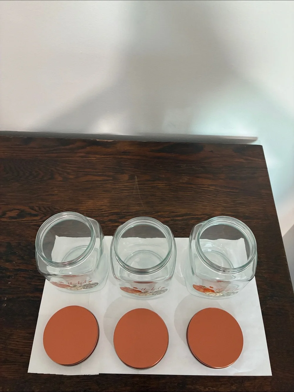 NWT- Set of 3- THANKFUL- Pumpkin Trio Harvest Glass Jars w/ Screw On Copper Lid